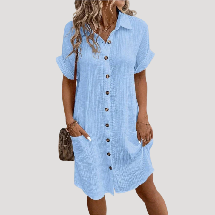 Robe courte boutonnée de style trapèze pour femme. Tenue d'été légère et chic, très polyvalente.