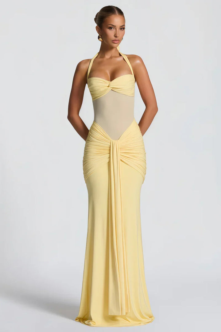 Robe longue élégante Elira femme, dos nu flatteur, drapé fluide. Parfaite pour soirée ou cérémonie d'été.