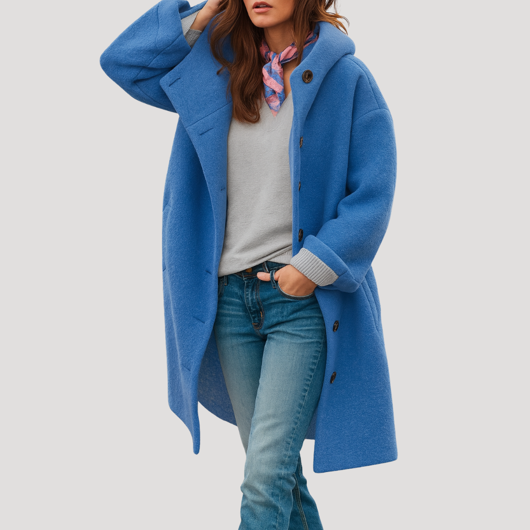 Manteau mi-long pour femme, élégant, avec capuche et boutons. Idéal pour l'automne-hiver, alliant style et confort.
