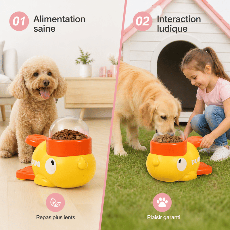 Jouet distributeur de friandises en forme de canard pour stimuler chien et chat, favorise l'activité.