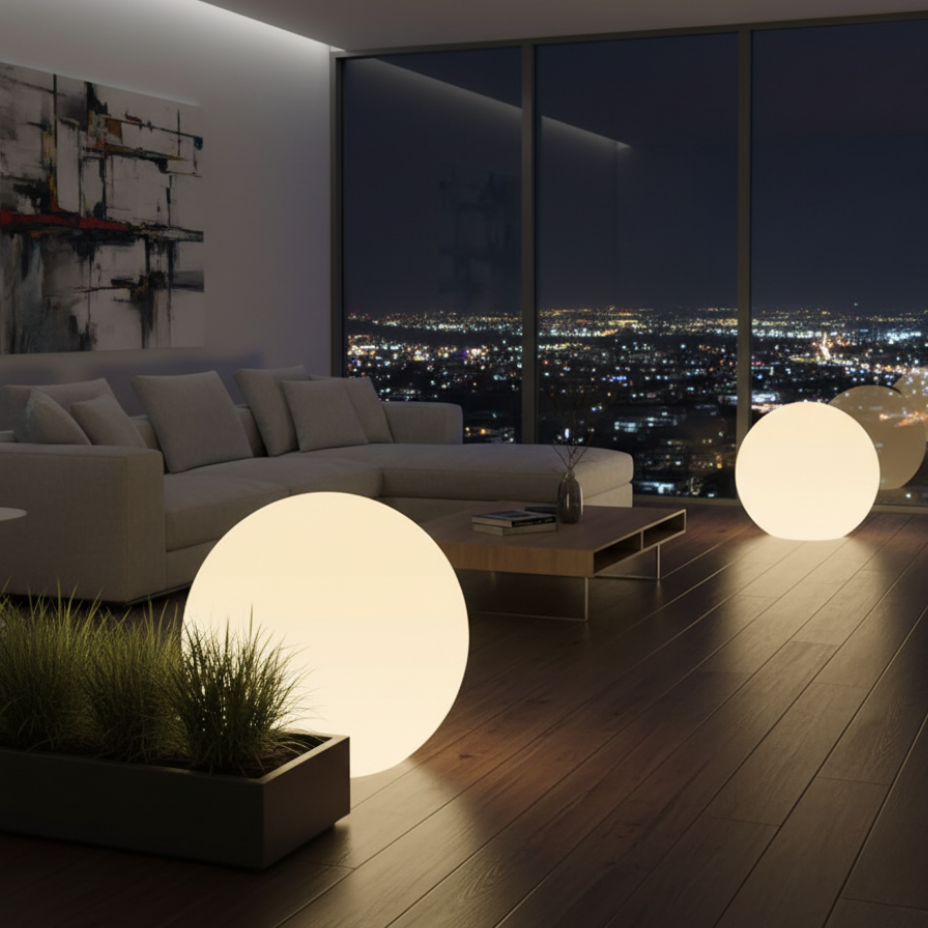 Lampe sphère LED RGB, polyvalente pour table, sol, piscine, avec sa résistance et ses multiples couleurs.