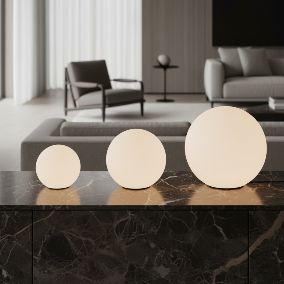 Sphère lumineuse LED RGB rechargeable pour salon ou jardin, décoration colorée résistante aux intempéries.