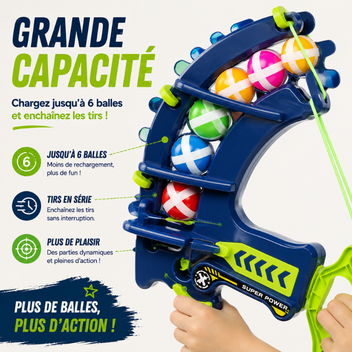 Jouet JoyStrike: arc et 3 flèches sûres à balles adhésives pour enfants. Développe motricité.