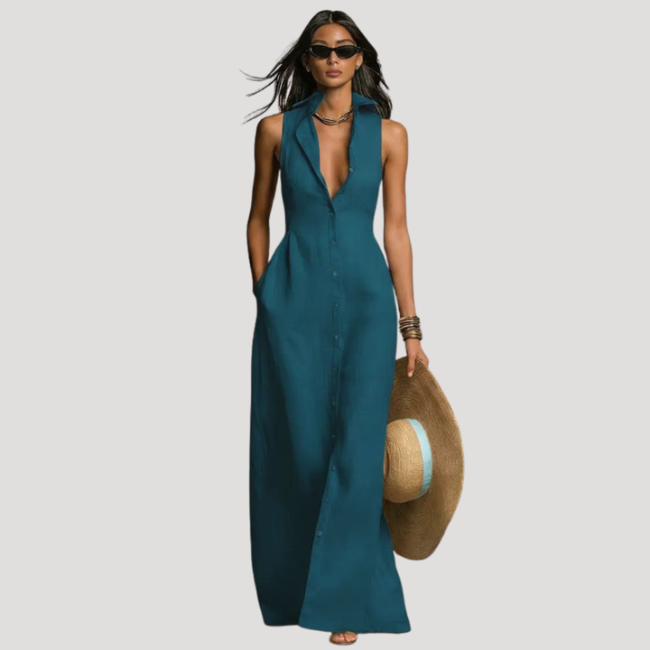 Robe longue femme boutonnée, col structuré et taille cintrée. Parfaite pour l'élégance décontractée estivale.