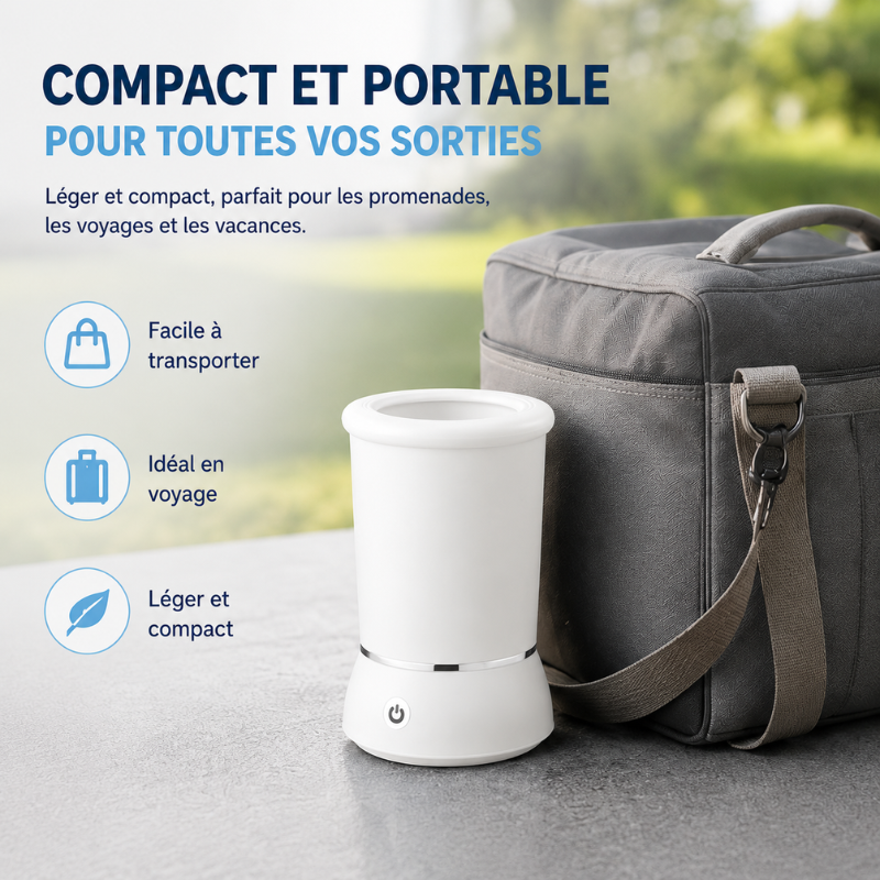 Nettoyeur de pattes automatique blanc et bleu pour chien, assure propreté et hygiène après les balades.