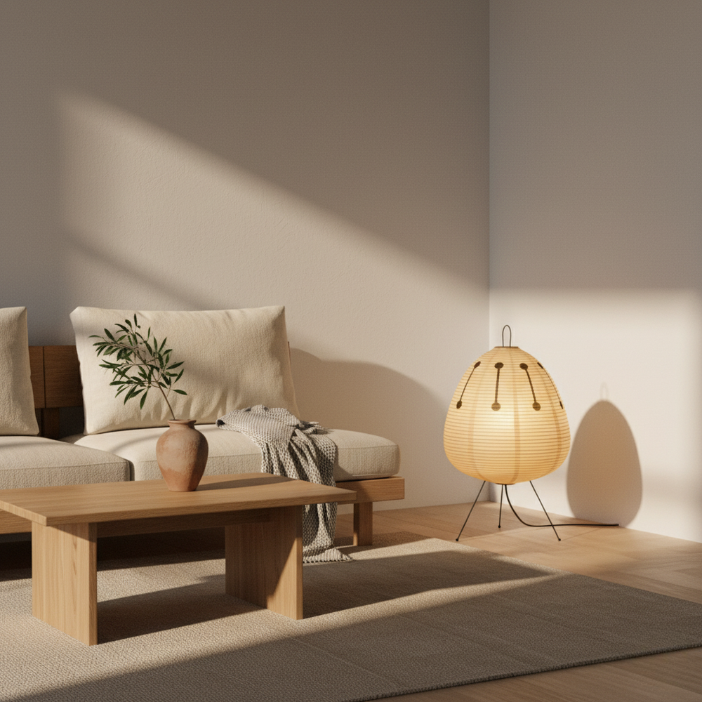 Élégante lampe sur pied design japonais, lumière douce LED, idéale pour créer une ambiance sereine et moderne.