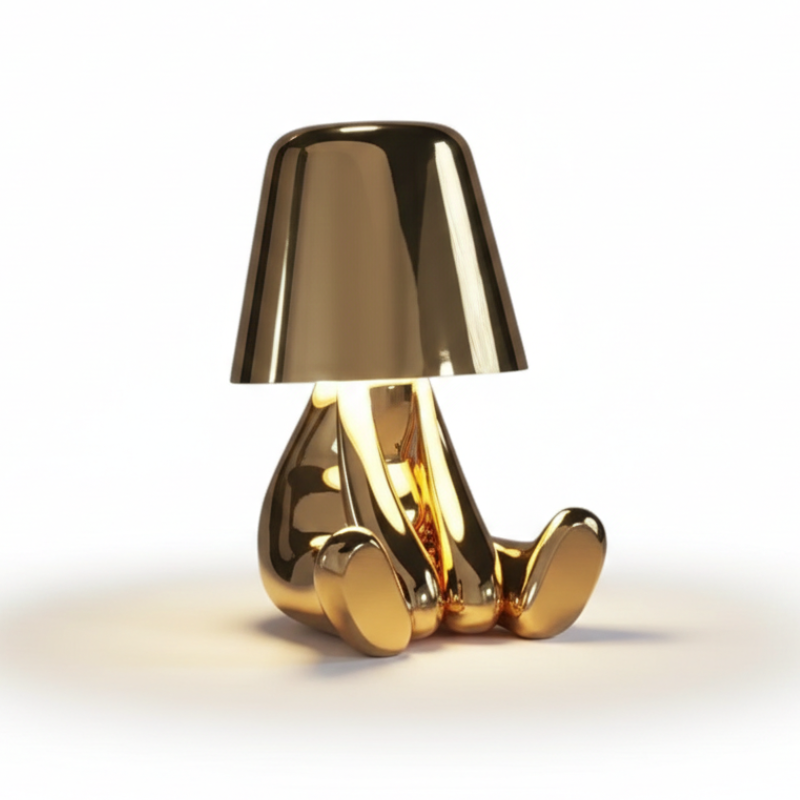 Lampe sans fil "Le Penseur" dorée, objet d'art lumineux LED, idéale pour la décoration intérieure.