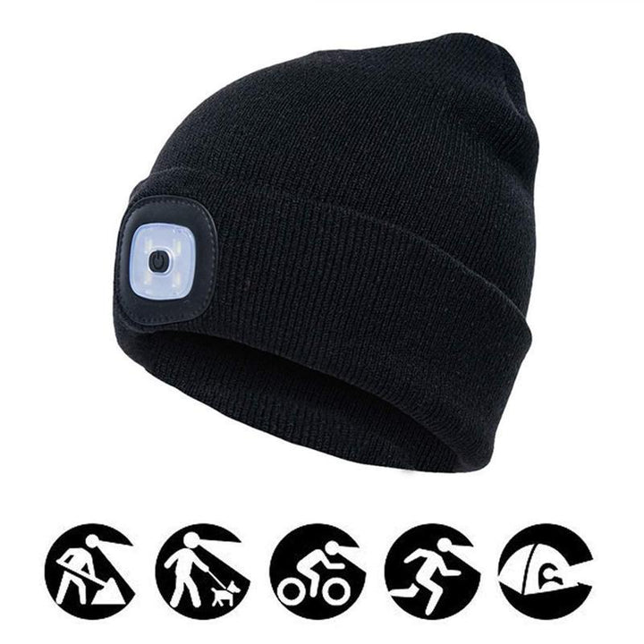 Bonnet de sécurité BeamBeanie avec lumière LED intégrée, essentiel pour joggeurs et campeurs nocturnes.