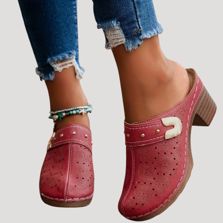 Chaussures mules sabot femme à talon bloc stable, style élégant et rétro. Idéales pour l'été.