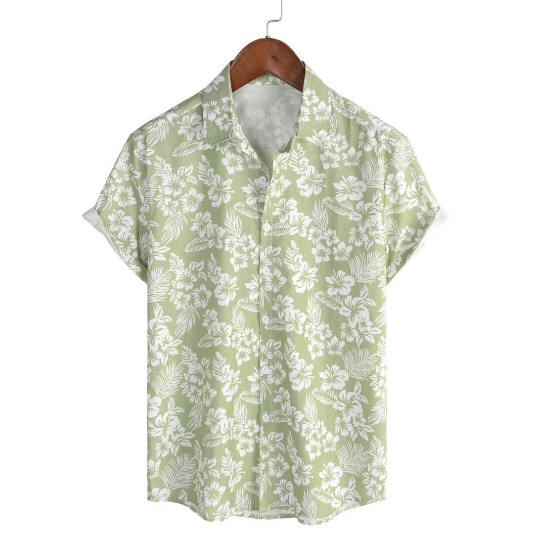 Chemise homme colorée à motif fleuri exotique, manches courtes, style hawaïen parfait pour les journées ensoleillées.