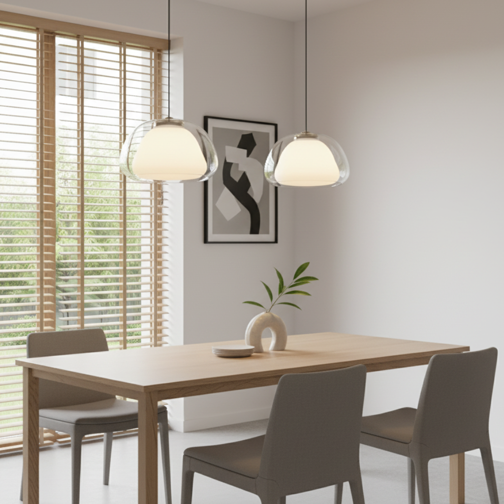 Suspension design dôme ajustable, verre moderne, éclairage polyvalent cuisine/îlot.