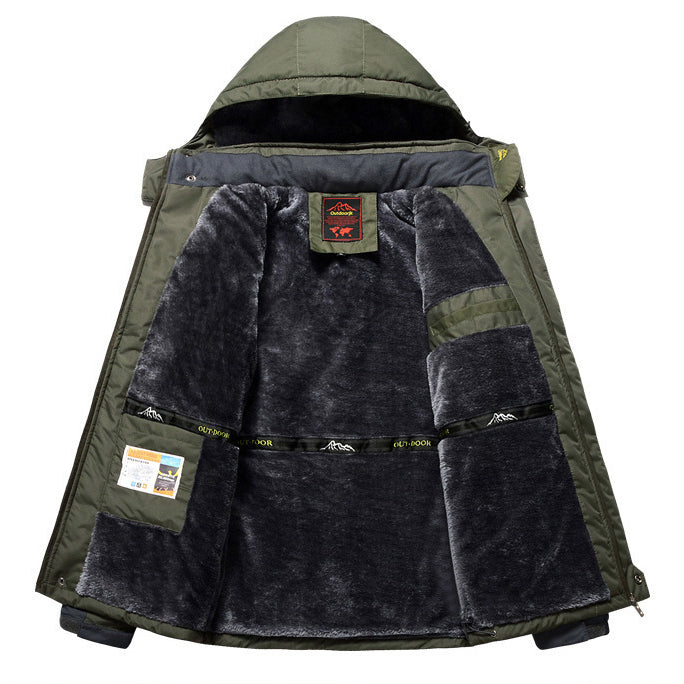 Manteau homme d'hiver imperméable, coupe-vent. Vêtement extérieur chaud avec capuche pour le froid.