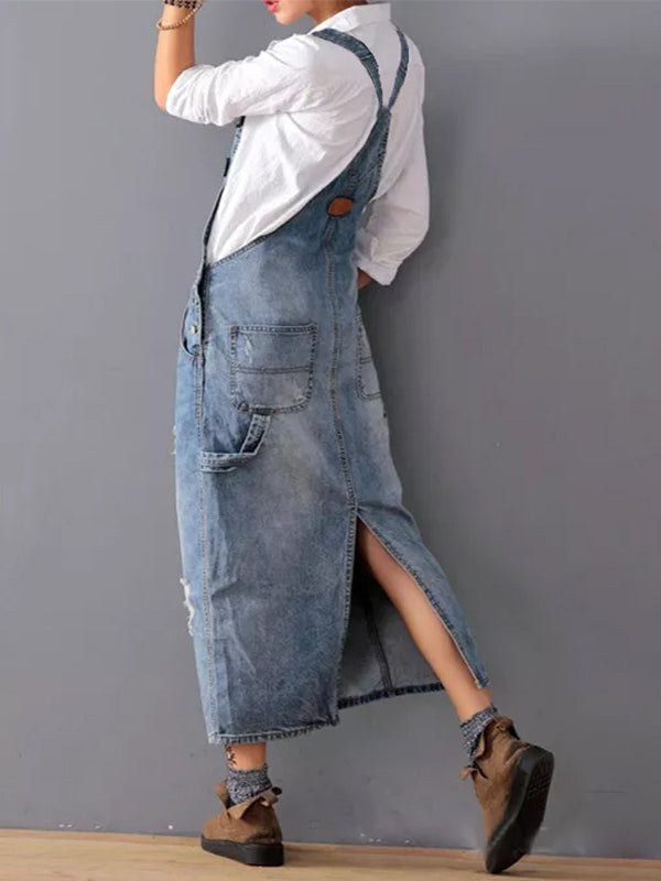 Salopette robe jean femme, effet usé, fente au dos, mode décontractée chic. Idéale été.