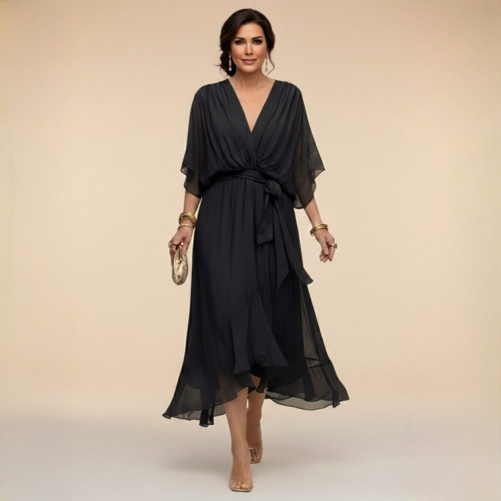 Robe midi chic en chiffon fluide pour femme, coupe élégante, col V. Idéale printemps été.