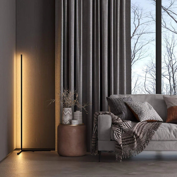 Lampadaire LED moderne pour salon ou chambre, style minimaliste, éclairage d'ambiance ajustable et intelligent.