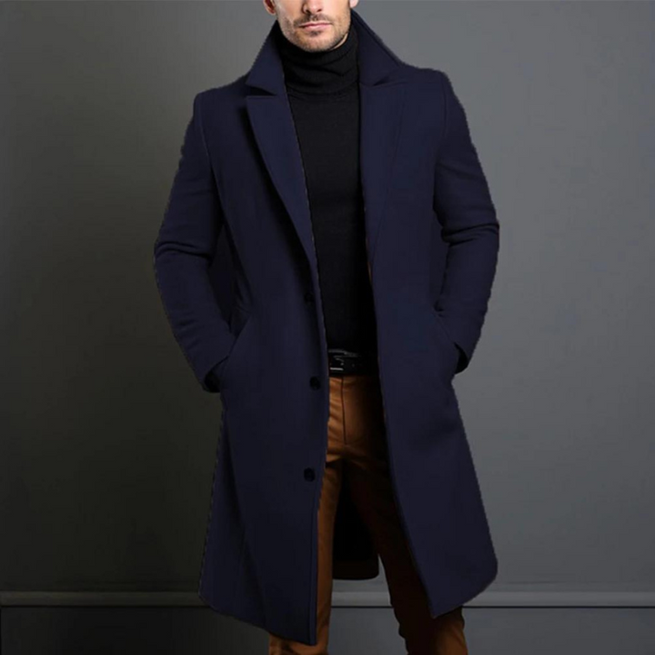 Veste manteau homme élégant, style intemporel, coupe classique, pour une tenue d'hiver chic, formelle ou décontractée.