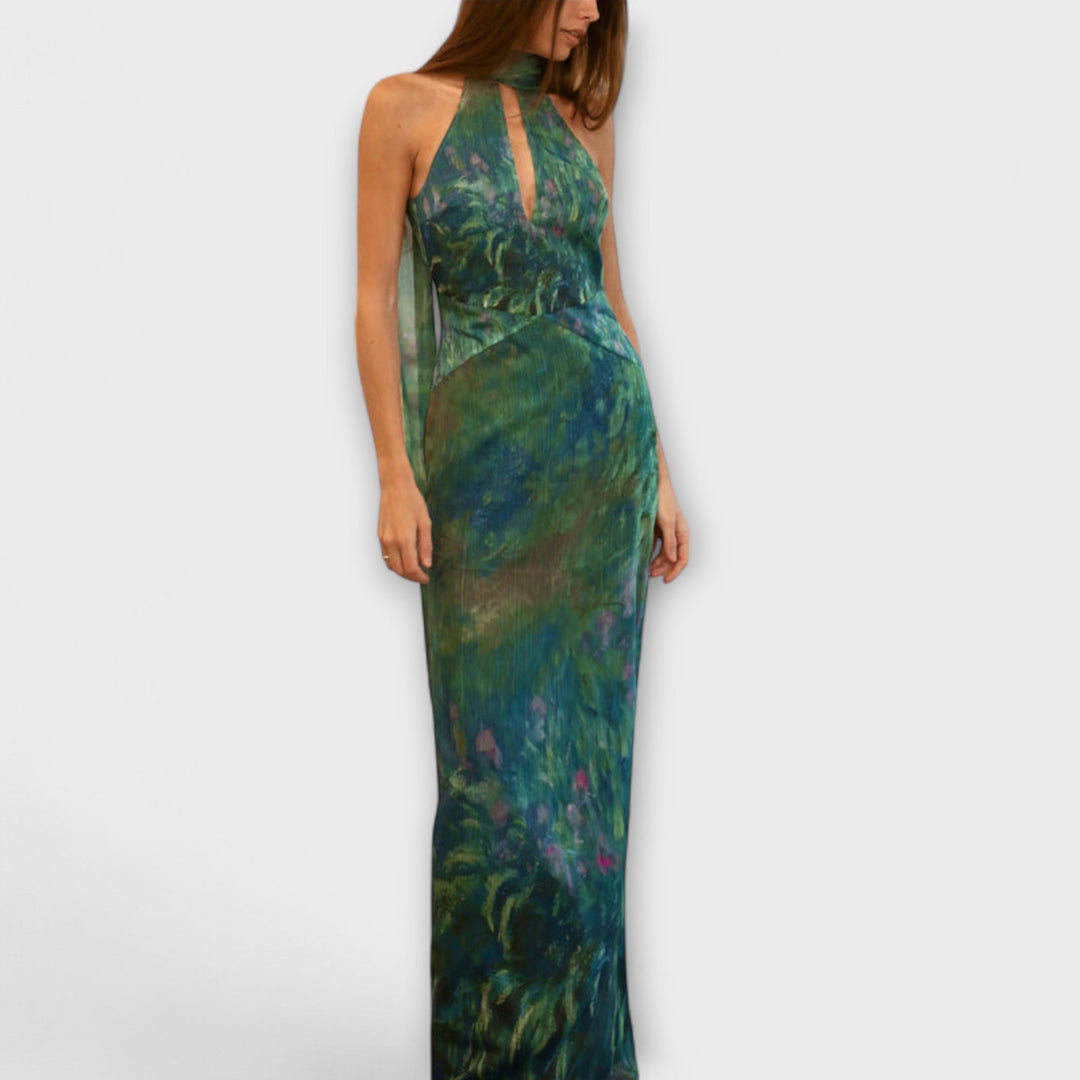 Magnifique robe maxi fluide imprimé iris pour femme. Style artistique et confortable, parfaite pour printemps-été.