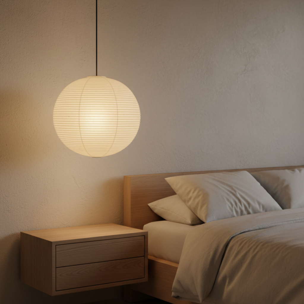 Luminaire Akari rond. Design japonais. Lumière douce, ambiance zen pour salon ou chambre.