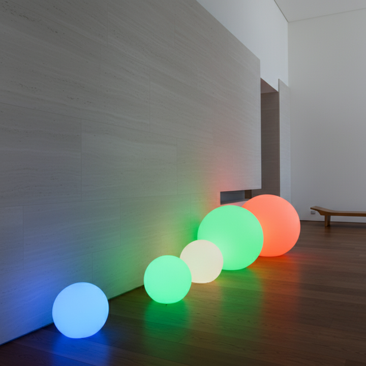 Lampe sphère LED RGB, haute autonomie avec recharge solaire/USB, 16 couleurs pour un éclairage continu.