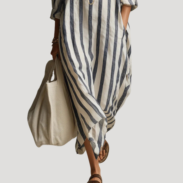 Robe chemise longue rayée femme, look chic et décontracté, parfaite pour le printemps.