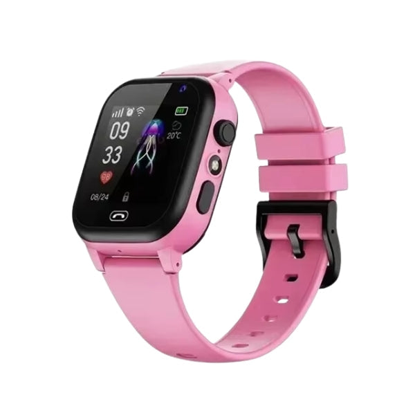 Enfant souriant utilisant sa montre GPS 4G pour un appel vidéo. Communication sécurisée et suivi d'activité.