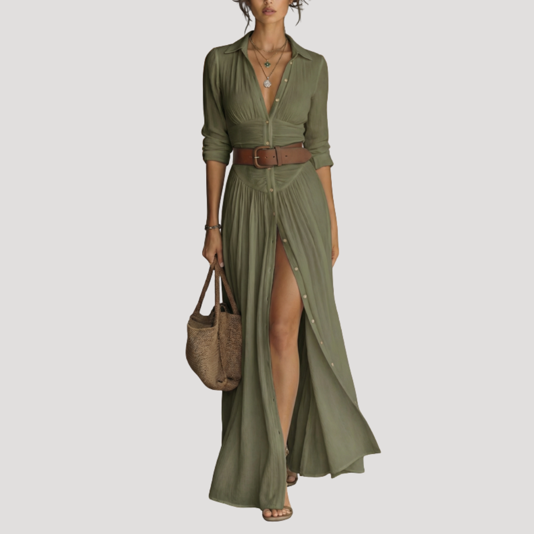 Robe longue boutonnée femme, coupe fluide et droite, offrant une silhouette élégante pour mode féminine.