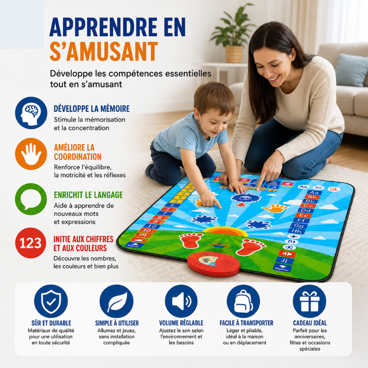 Tapis de prière électronique pour enfants, guide l'apprentissage des prières musulmanes avec interactivité.