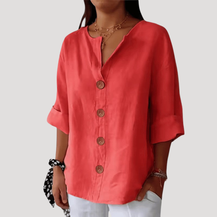 Modèle de blouse femme mode et élégante. Col V et boutonnée, idéale pour un style chic et décontracté au quotidien.