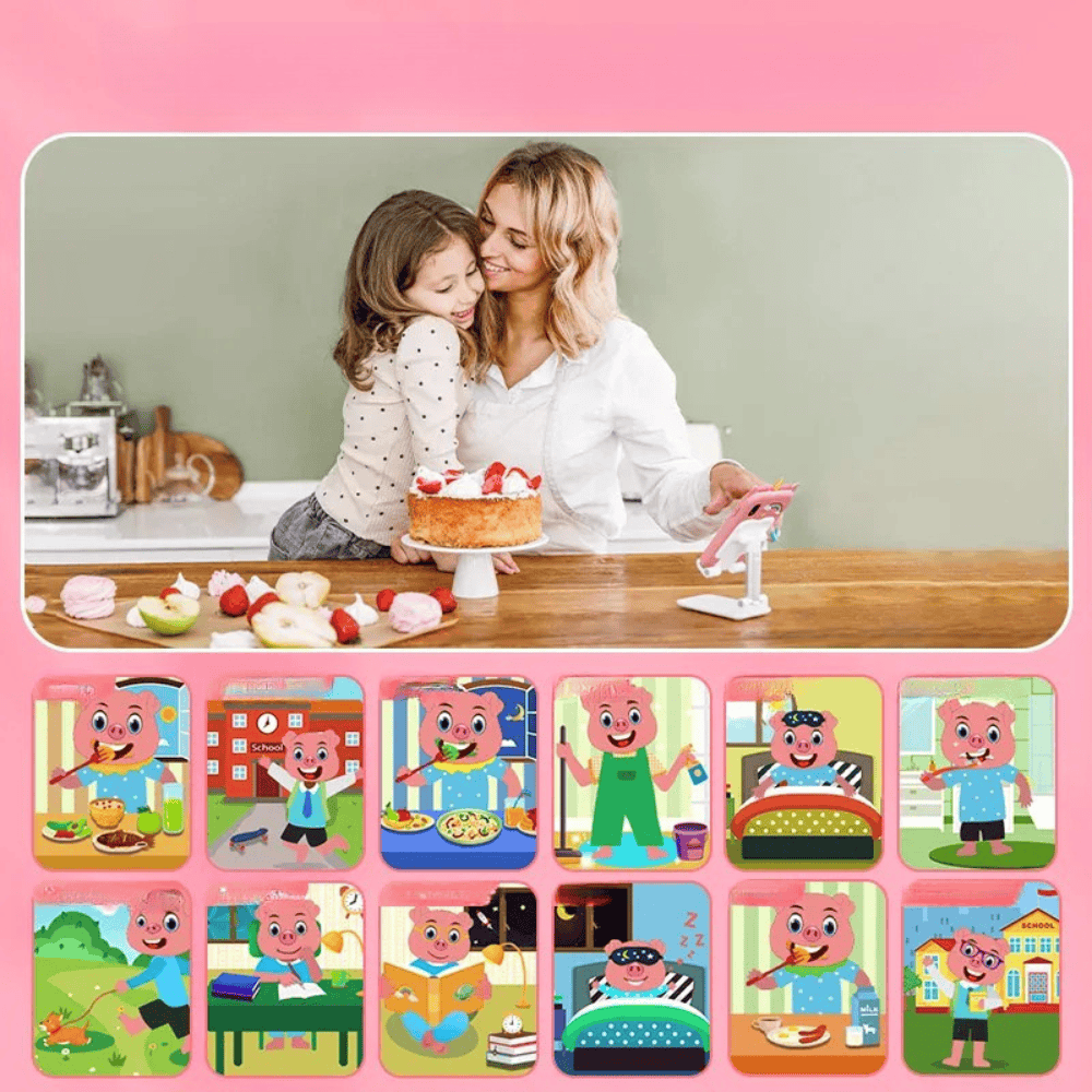 Téléphone jouet éducatif rose pour enfants, stimule le développement avec caméra et écran tactile interactif.