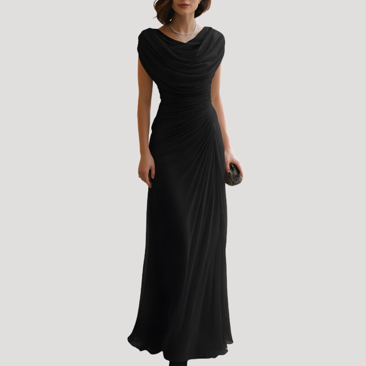 Robe longue femme drapée, coupe fluide et élégante, avec col bénitier. Idéale pour événements habillés.