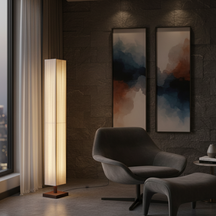 Lampe de sol japonaise moderne, éclairage LED chaleureux, design minimaliste et élégant pour la maison.