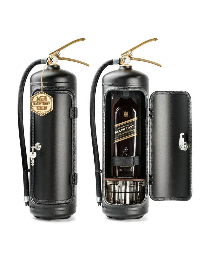 Coffre-fort extincteur noir, rangement secret élégant pour boissons et alcools, sécurité assurée.