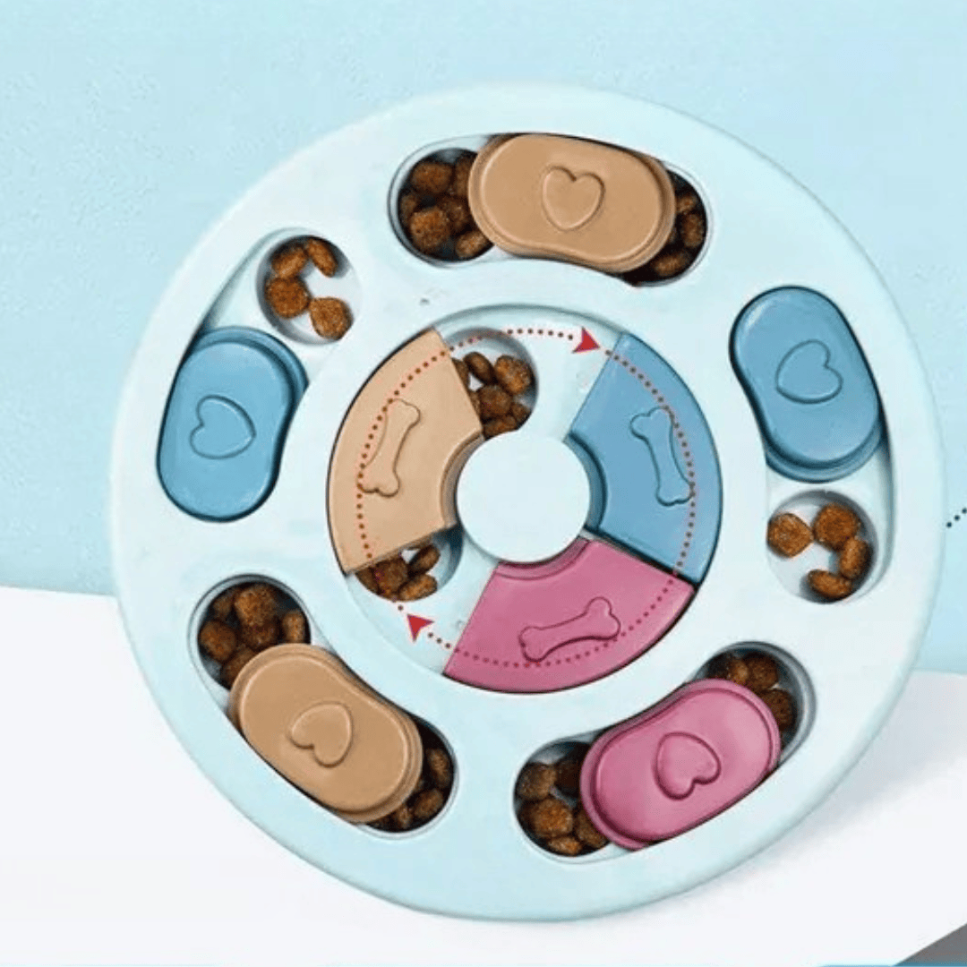 Un chien heureux interagissant avec son jouet puzzle, cherchant des friandises, pour stimulation mentale et jeu.