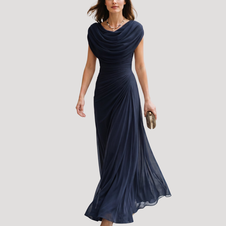 Magnifique robe de soirée femme, longue et élégante, drapée. Tenue cérémonie chic.