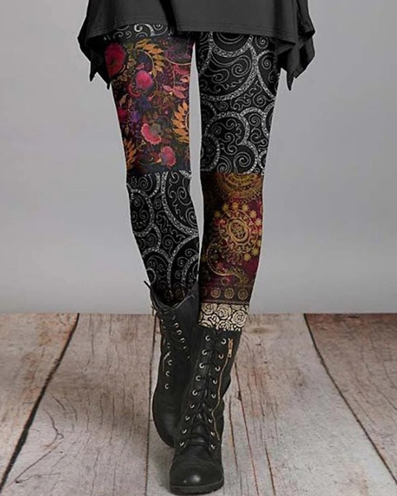 Leggings femme imprimés ethniques vibrants. Style bohème rétro et confortable, parfait pour un look décontracté chic.