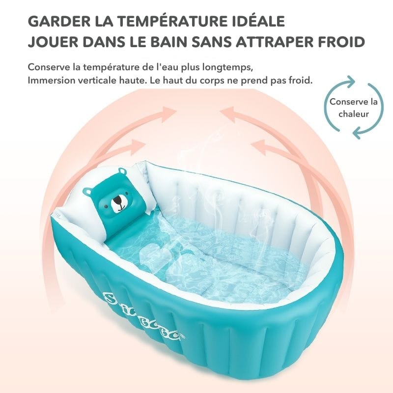 Baignoire bébé gonflable et portable avec siège intégré, idéale pour les voyages et petits espaces, sécurité enfant.