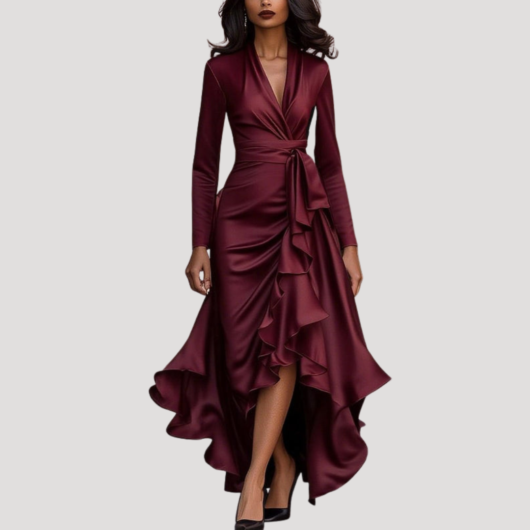 Robe portefeuille longue femme, fluide et chic, avec manches. Parfaite pour occasions élégantes, style polyvalent et moderne.