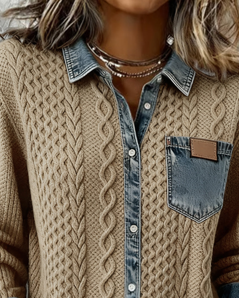 Maille torsadée élégante pour cette chemise femme à manches longues, accents denim. Confort et style.