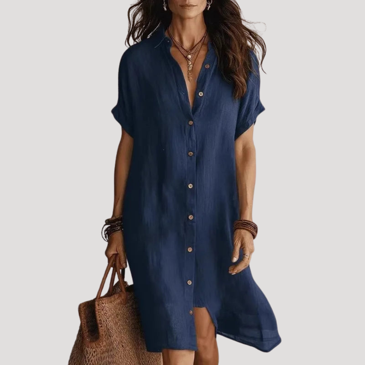 Élégante robe chemise femme boutonnée, col V. Tissu fluide, parfaite pour le printemps ou l'été, look quotidien chic.