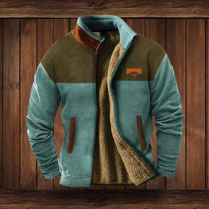 Veste chaude homme style western, avec son col montant et ses motifs ethniques. Vêtement d'hiver polyvalent et confortable.
