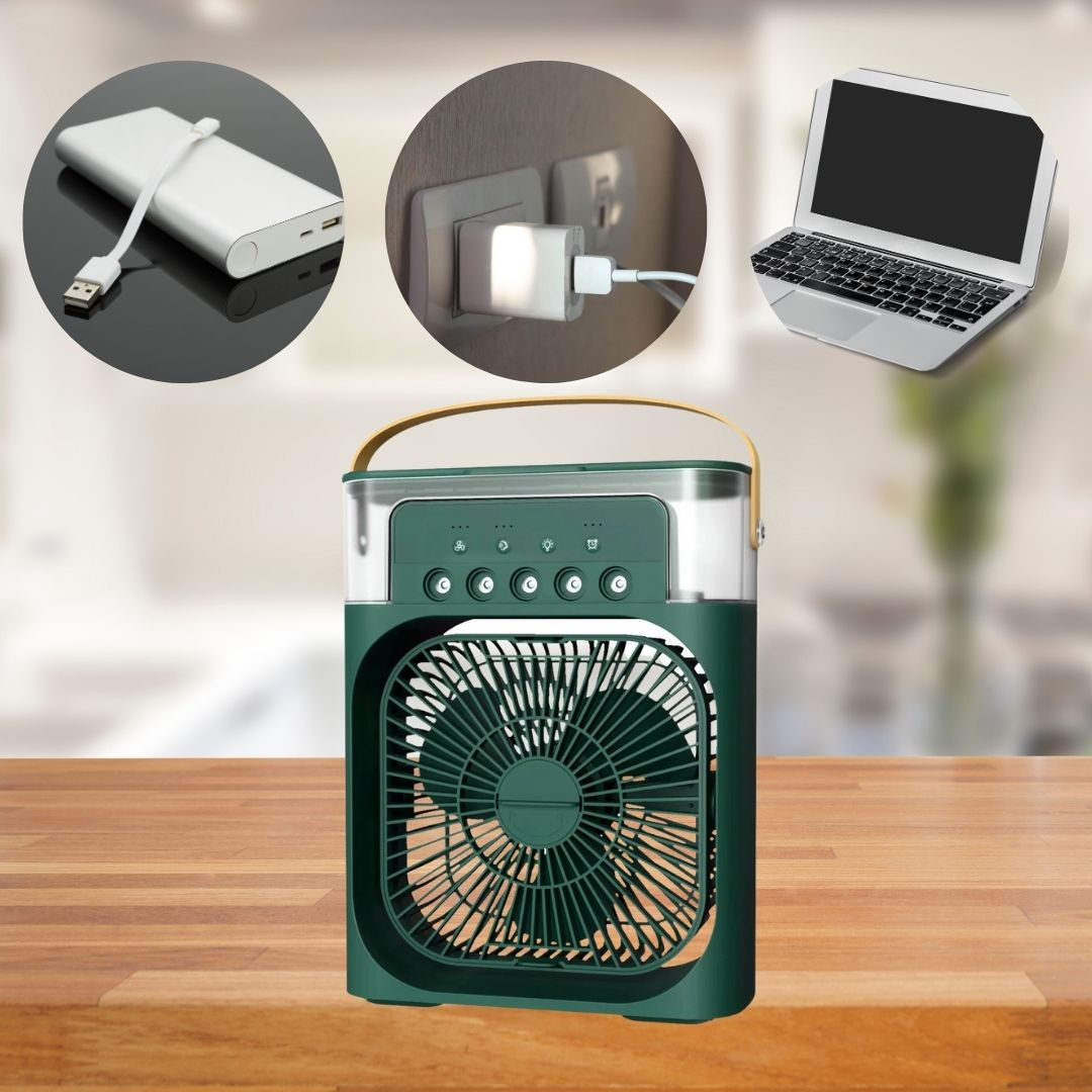 Ventilateur brumisateur LED, rafraîchisseur d'air portable, parfait pour la chaleur estivale.