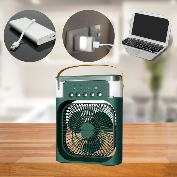 Ventilateur brumisateur LED, rafraîchisseur d'air portable, parfait pour la chaleur estivale.