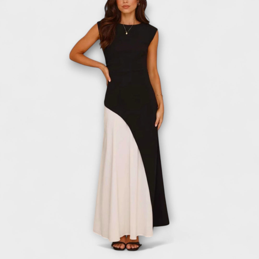 Robe Isabel monochrome color block pour femme, taille ajustée, style élégant et chic. Parfaite pour toute saison.