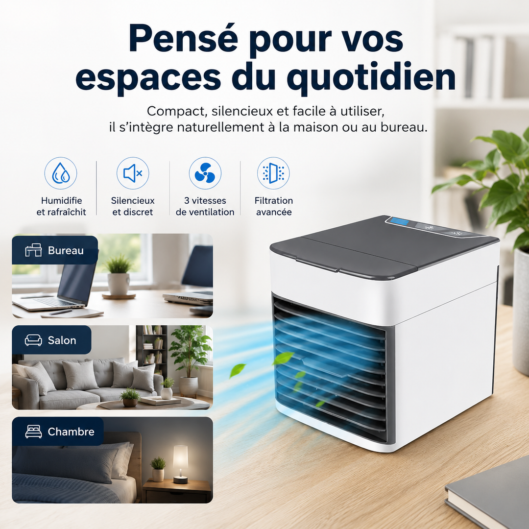 Petit rafraîchisseur d'air personnel, évaporatif et silencieux. Idéal pour table de chevet ou bureau. Apporte de la fraîcheur.