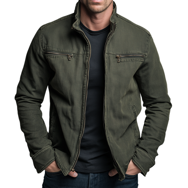 Veste homme vintage décontractée zippée, idéale mi-saison. Style mode masculine quotidien.