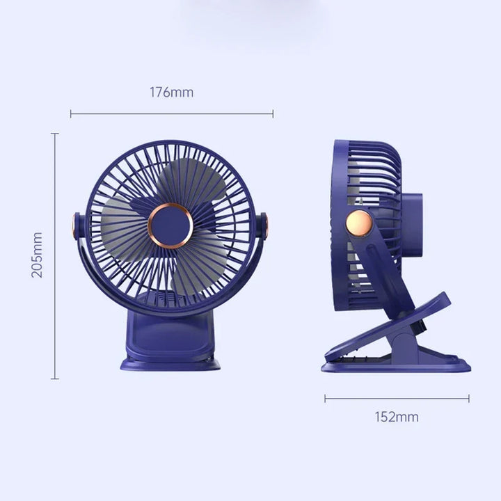 Détail du clip puissant du ventilateur USB portable. Parfait pour fixer au bureau ou étagère. Rafraîchissement.