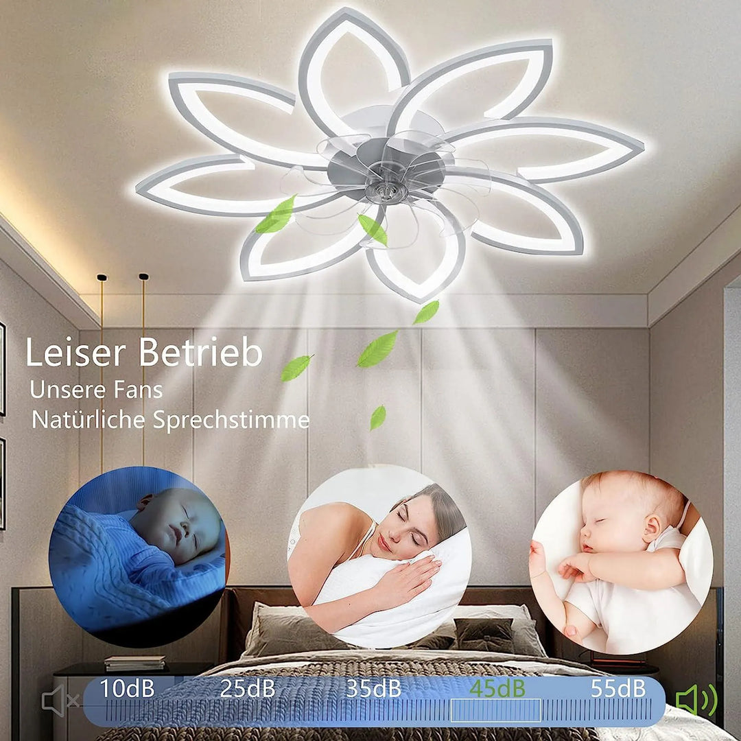 Ventilateur de plafond LED moderne silencieux, motif floral, éclairage. Idéal pour maison intelligente, avec télécommande.