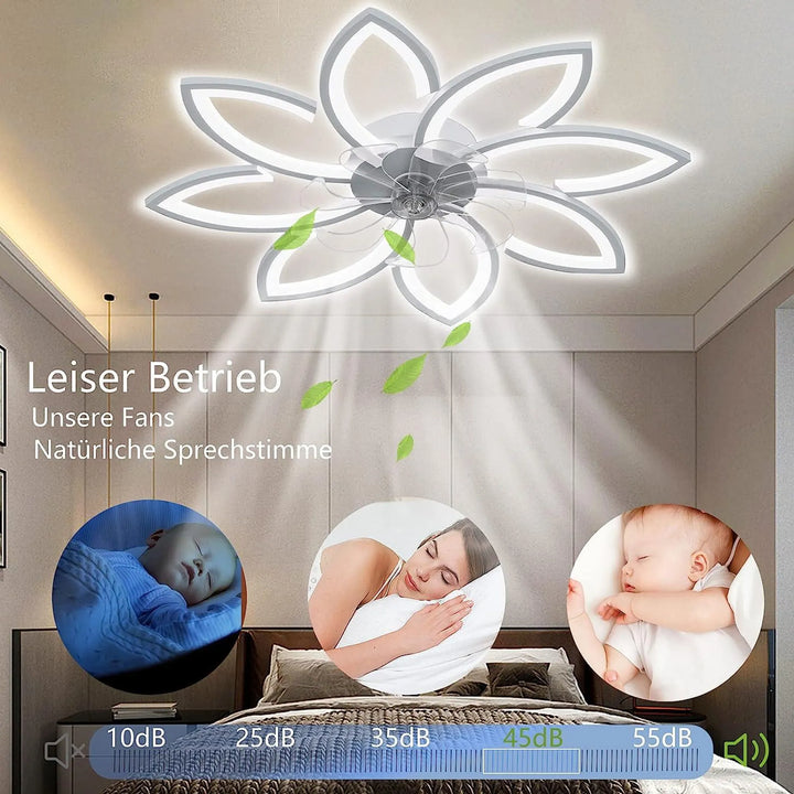 Ventilateur de plafond LED moderne silencieux, motif floral, éclairage. Idéal pour maison intelligente, avec télécommande.