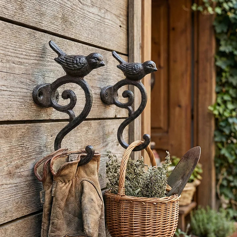Crochet mural oiseau en fonte pour rangement dans l'entrée ou le jardin. Touche vintage et rustique.
