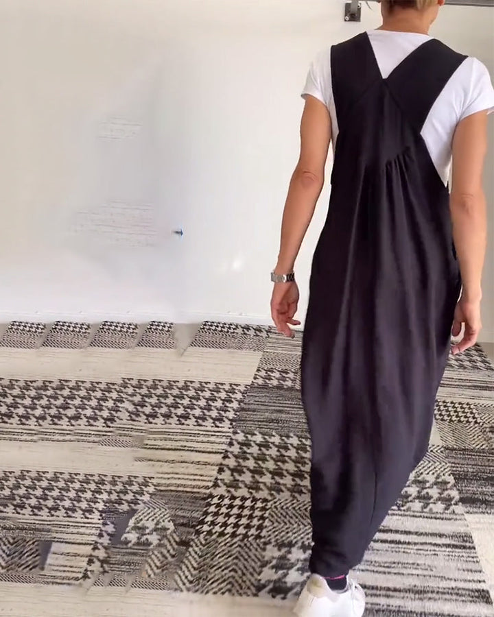 Robe maxi fluide verte, style salopette décontracté chic, parfaite pour l'été ou le printemps.